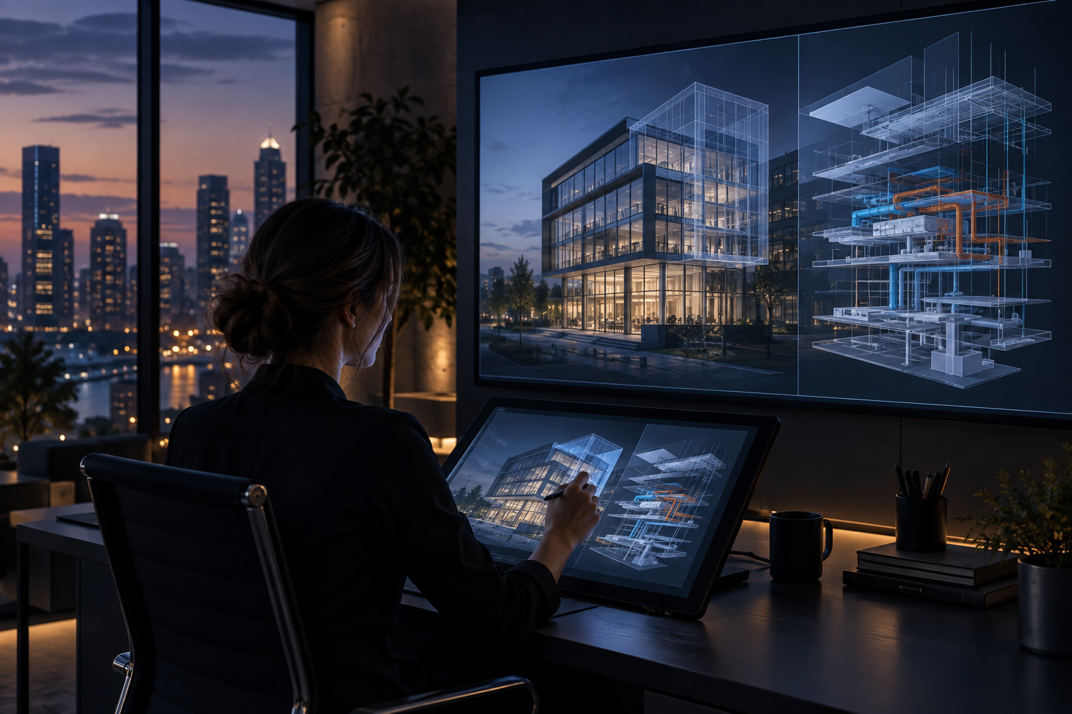Архитектор проверяет цифровую BIM-модель здания и инженерных систем